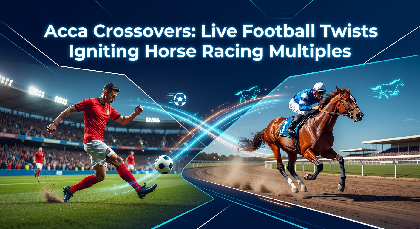 Dynamic split-screen image showing a tense live soccer match goal celebration merging into a thundering horse race finish line, symbolizing betting crossovers