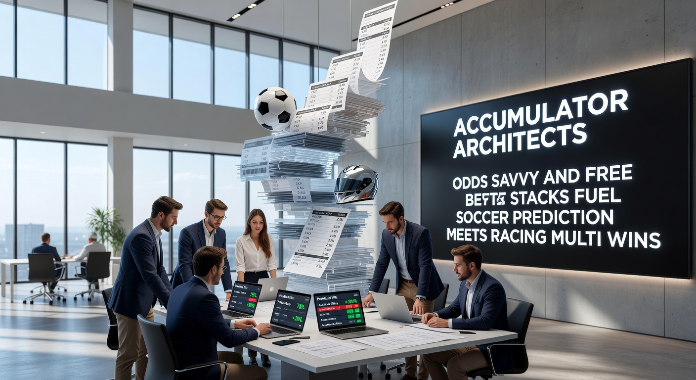 A dynamic split-screen graphic showing soccer players in action on one side and galloping racehorses on the other, with overlaid accumulator bet slips stacking free bet icons and rising odds arrows