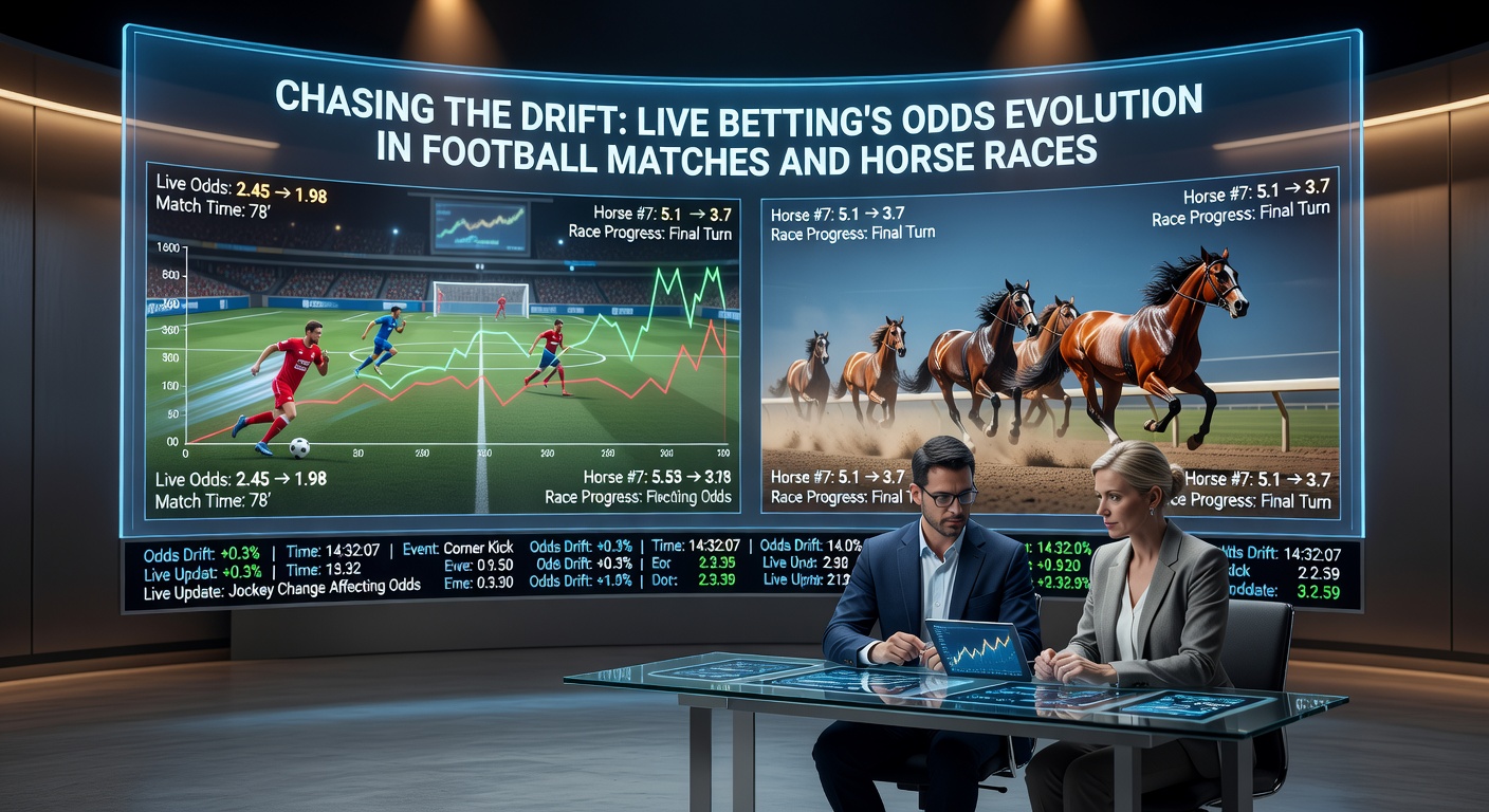 Dynamic graph showing live odds drifting during a tense soccer match and a horse race sprint