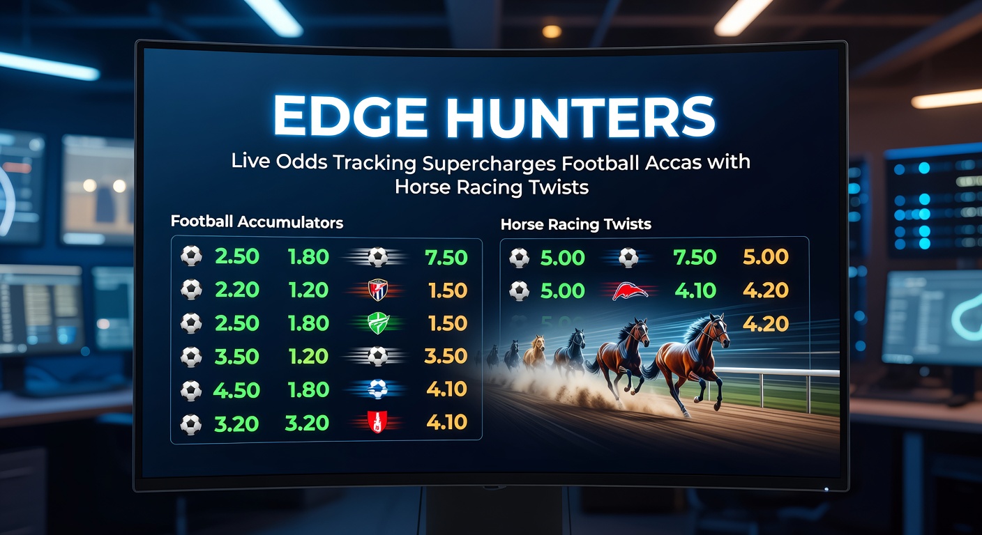 Digital dashboard displaying live odds fluctuations for a Premier League match overlaid with horse racing form guides, highlighting edge opportunities in accumulators