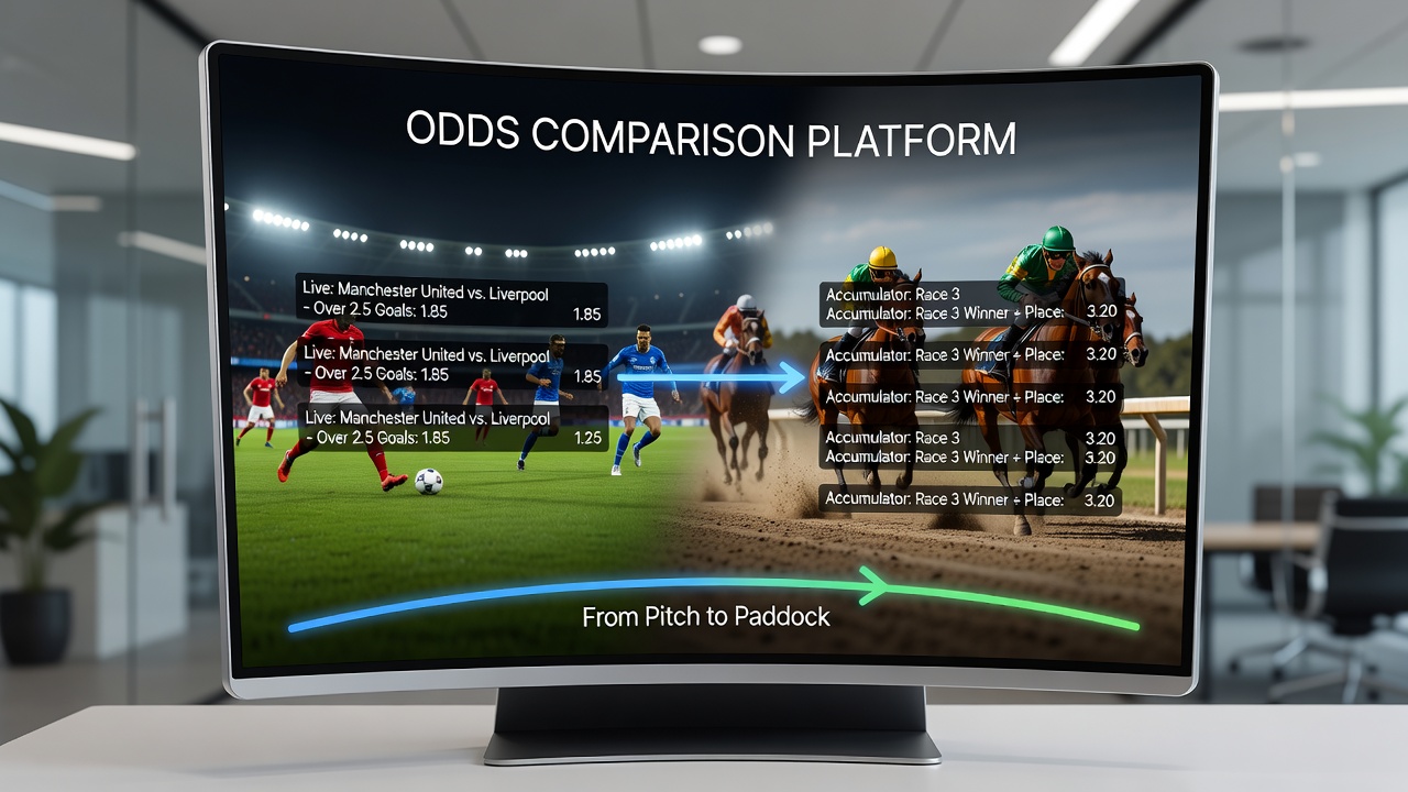 Split screen showing live football odds next to horse racing accumulator builder with welcome bonus indicators