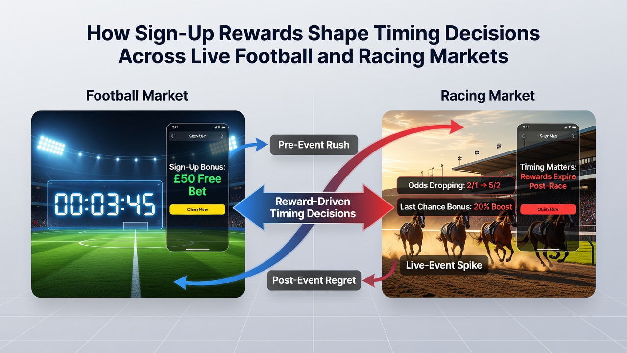 Horse racing live odds display alongside football accumulator builder with reward tracking elements