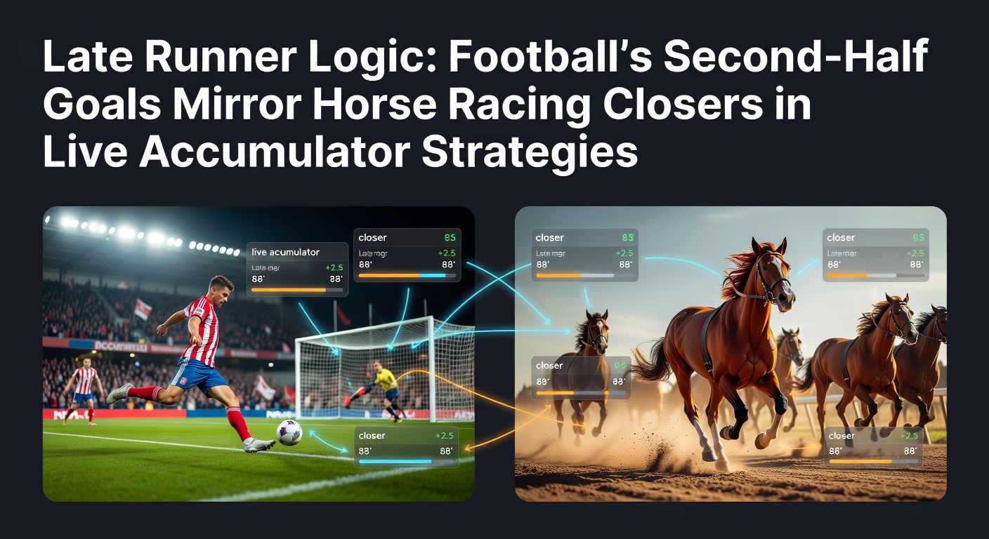 A dynamic split image showing a football player celebrating a late second-half goal alongside a horse surging from behind in the final stretch of a race, highlighting accumulator betting momentum