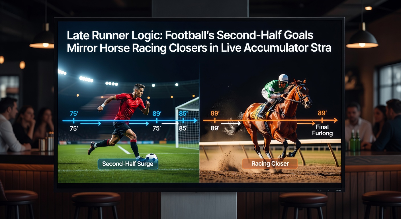 Live betting interface displaying a football accumulator alongside a horse racing tote board, with odds shifting on second-half goals and late closers