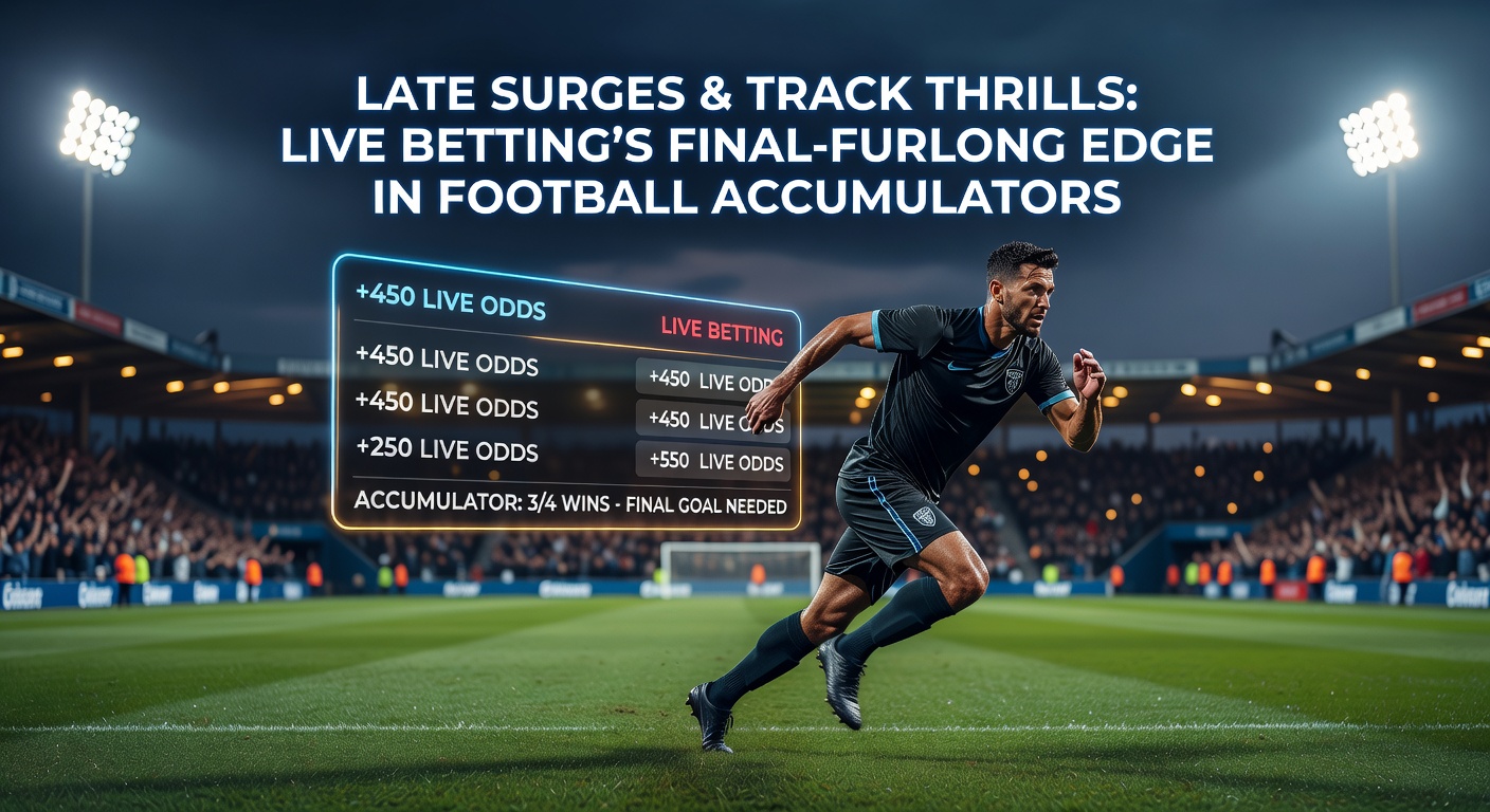Intense soccer players battling in the final minutes of a match, with bettors glued to screens tracking live odds shifts