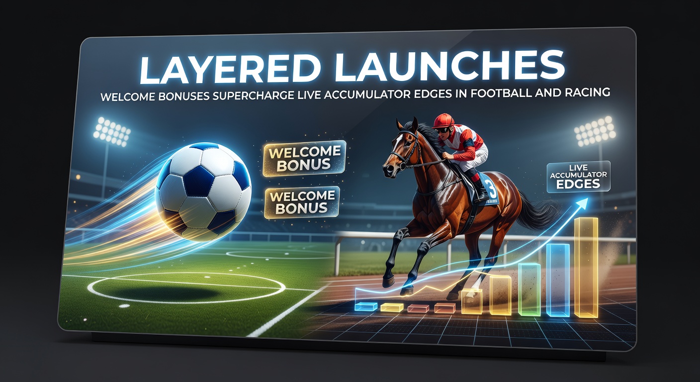 Dynamic graphic showing layered betting slips with welcome bonus icons overlaying live football match and horse racing scenes, highlighting accumulator builds in real-time action