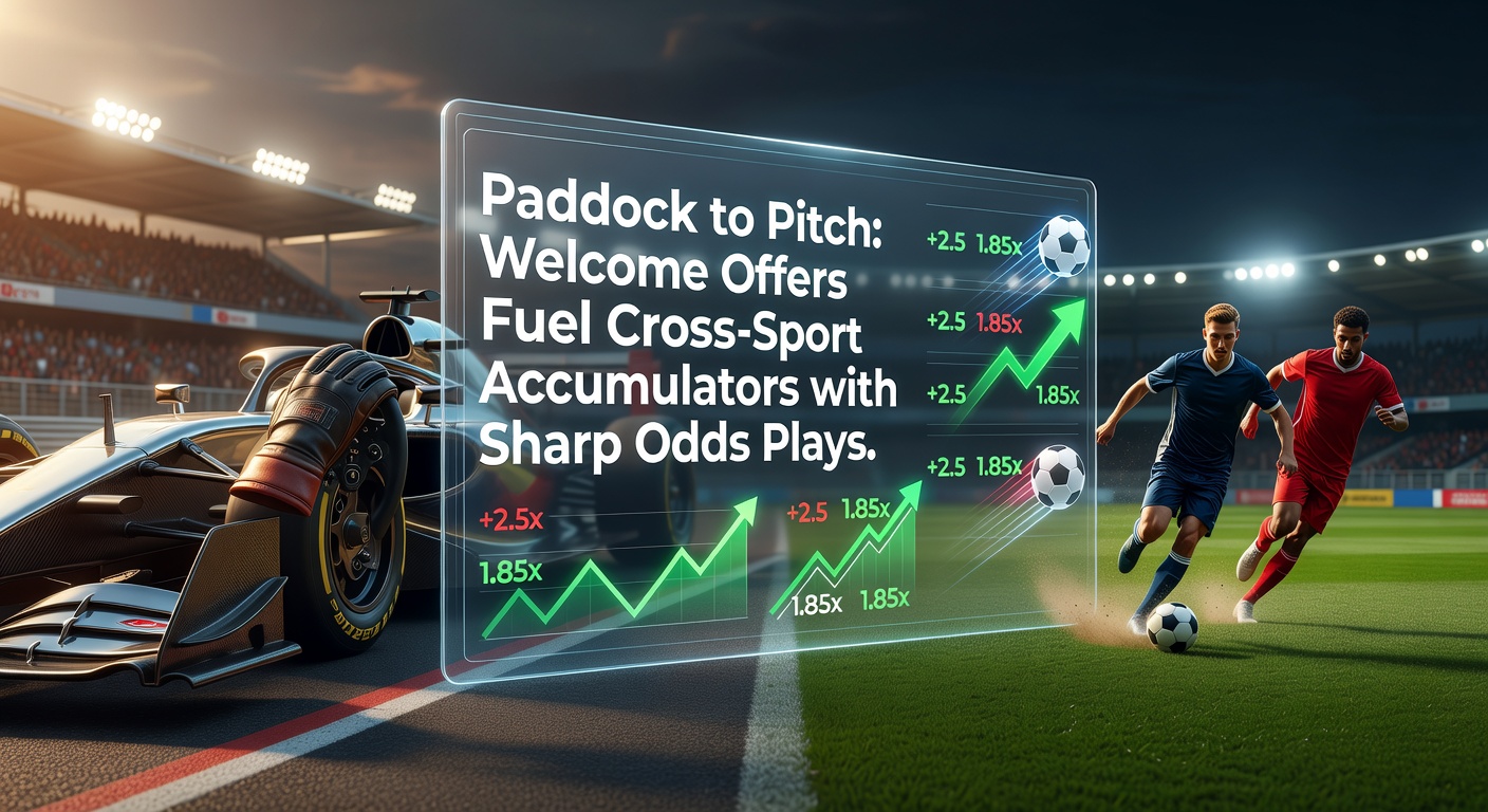 Horse racing paddock scene transitioning to a vibrant football pitch, symbolizing cross-sport betting accumulators boosted by welcome offers