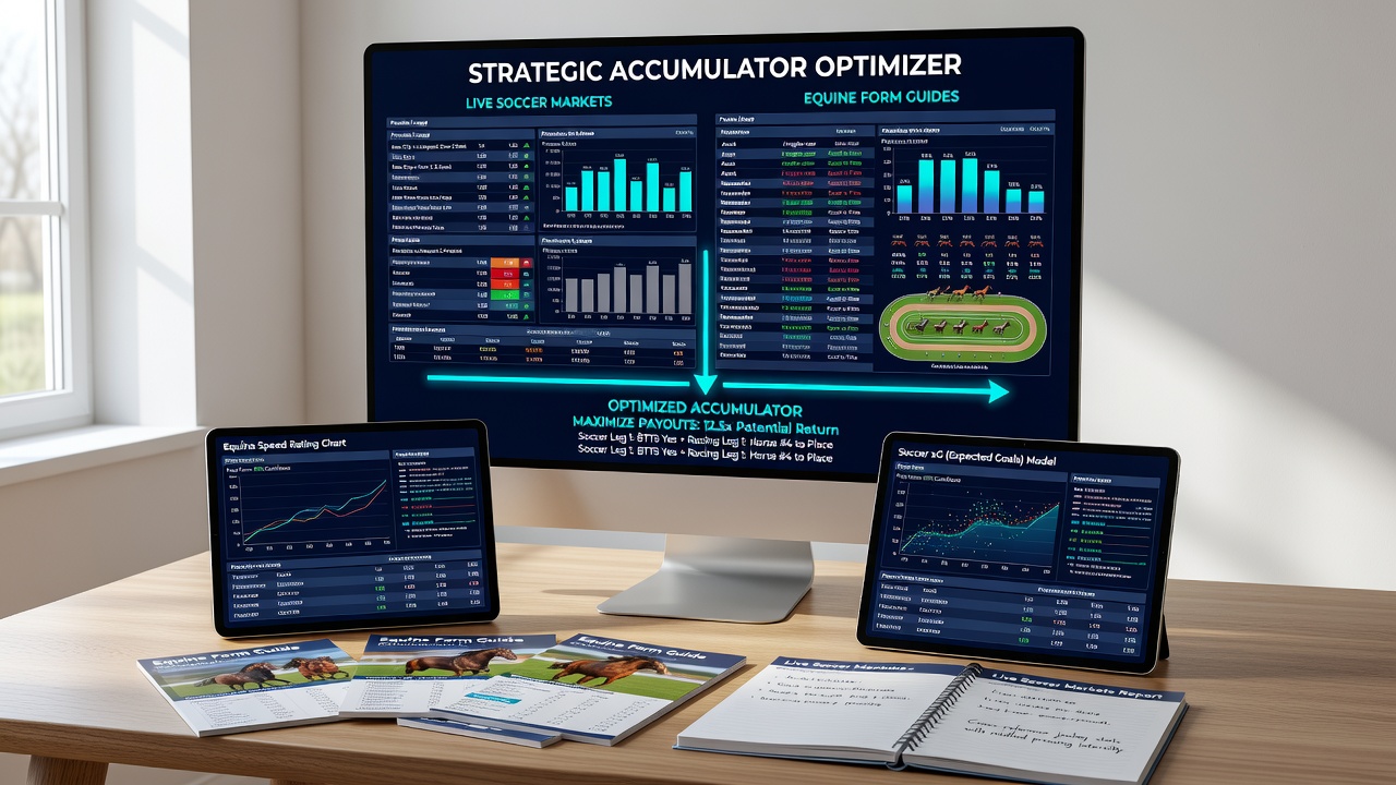 Accumulator ticket interface showing combined soccer and horse racing selections with active bonus indicators