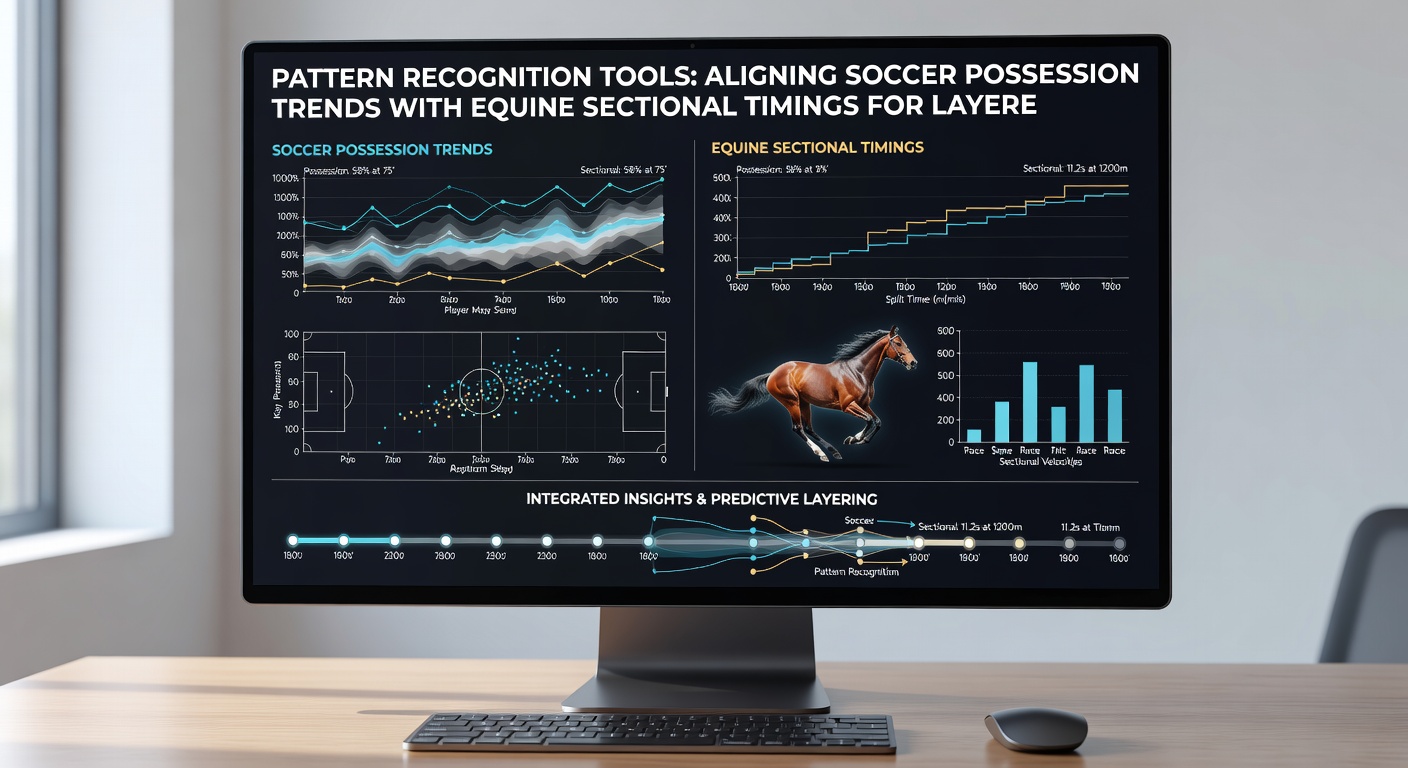 Split-screen visualization showing real-time soccer possession trends matched to horse racing sectional timing data for promotional layering decisions