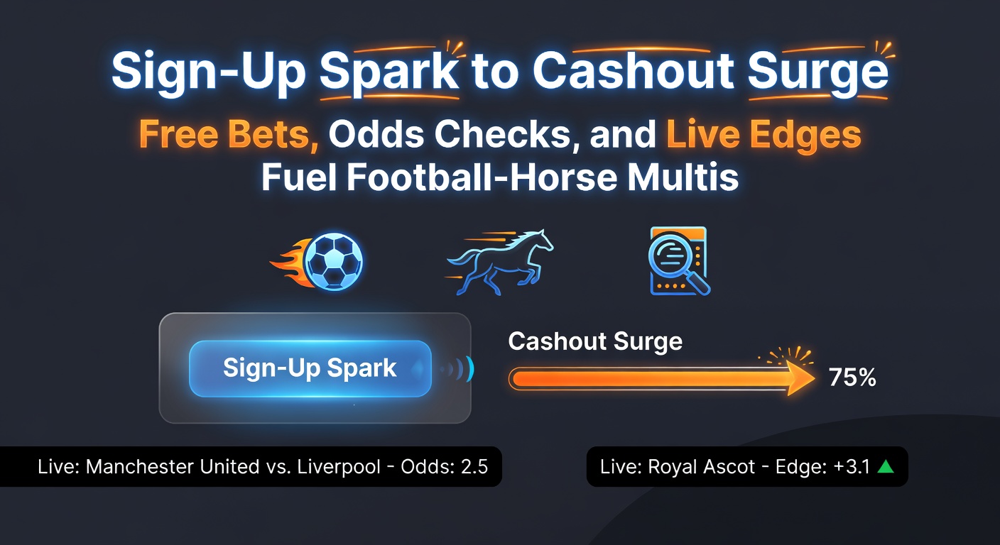 Dynamic graphic showing a cascade of free bet icons transforming into exploding soccer balls and galloping horses on a betting slip, symbolizing the journey from signup bonuses to accumulator payouts