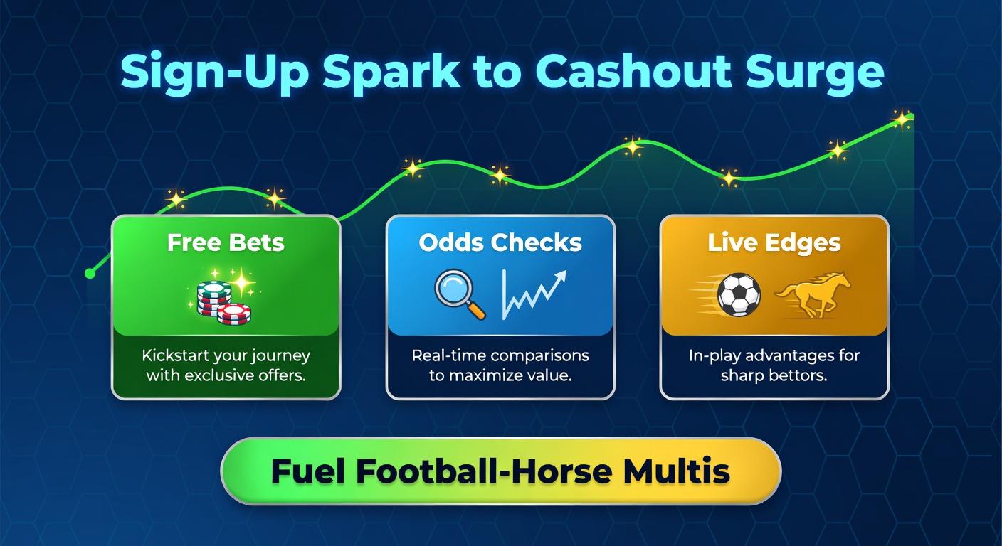 Split-screen visualization of a live soccer match with overlaid odds graphs merging into a horse race finishing straight, highlighting multi-bet cashout buttons glowing amid surging lines