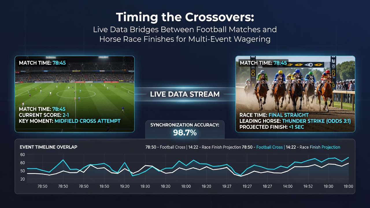 Dashboard displaying synchronized football goal timestamps next to horse race finish photo results for accumulator tracking