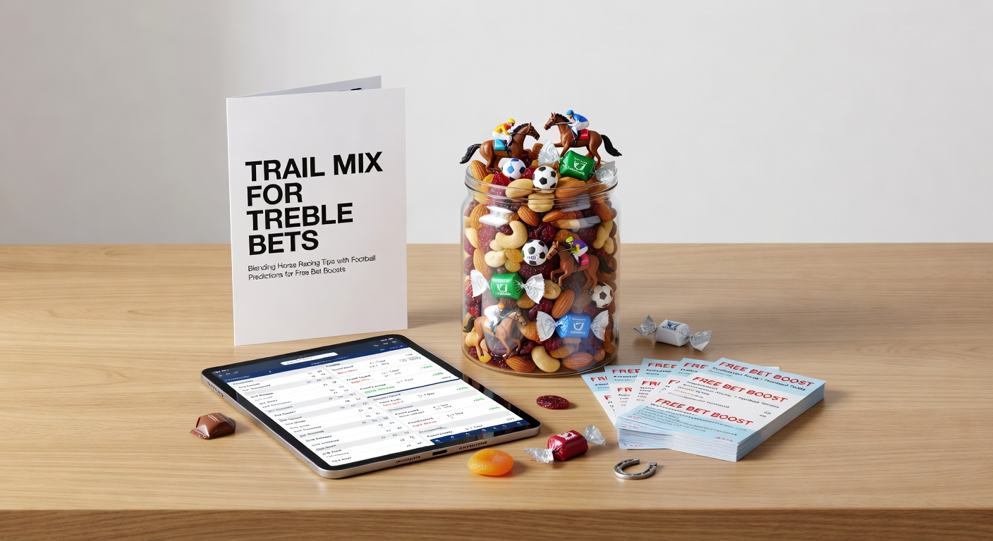 Split-screen view of a horse race finish and a football goal celebration, illustrating treble bet synergy